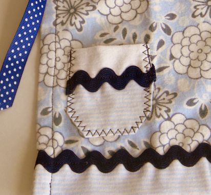 Custom Made Navy Blue, White, And Baby Blue Doll Apron With Flowers "Blueberry Muffin''