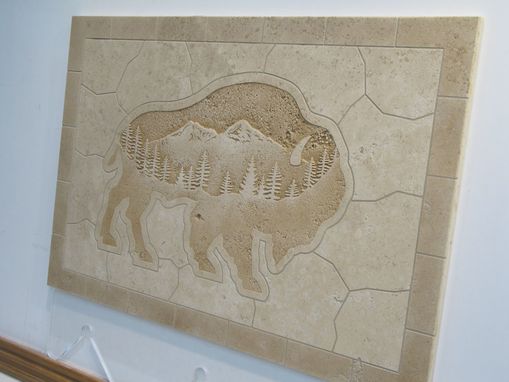 Custom Made Etched Tile Travertine Buffalo Mural