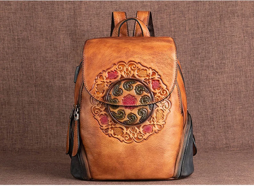 Custom Made Vintage Embossed Leather Handbag Leather Bag Leather Backpack Women