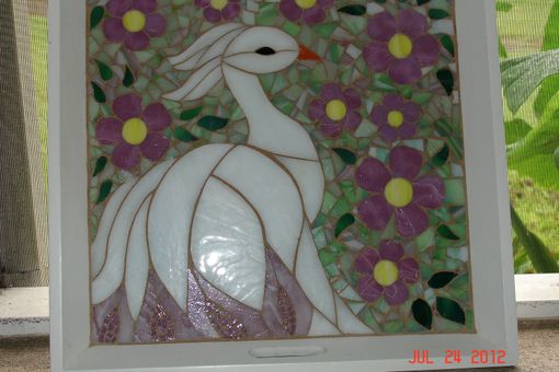 Custom Made Mosaic Stained Glass White Bird Surrounded By Pink Flowers With Soft Green Backround