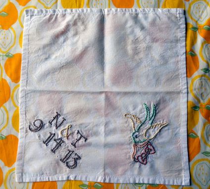 Custom Made Rockabilly Wedding Handkerchief - Hand Embroidered Tattoo Lettering - Flying Swallow With Hearts