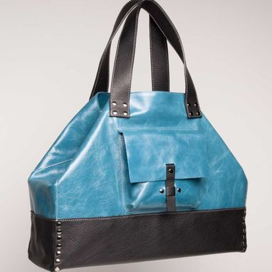 Custom Made Leather Tote Bag - Fully Lined: Turquoise Blue And Black