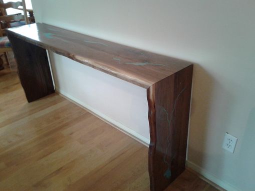 Custom Made Waterfall Live Edge Console Table With Turquoise Inlay