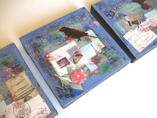 Custom Made Blue Mixed Media Triptych Acrylic Painting On Canvas