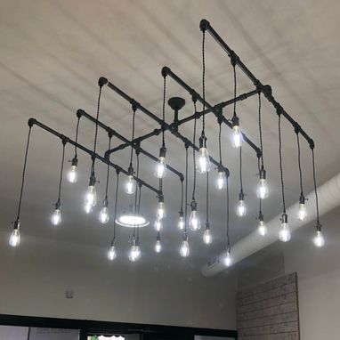 Custom Made 28 Light Square Industrial Steel Pipe Chandelier - 60" X 60"