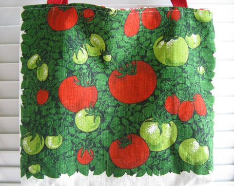 Custom Made Upcycled Tote Bag Made From A Tomato Themed Kitchen Towel