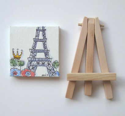Custom Made Acrylic Painting, Paris Eiffel Tower And A Crown Original Pen And Ink On Canvas