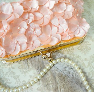 Custom Made Peach Clutch Purse With Handmade Flowers And Pearl Accents