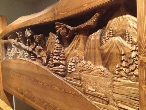 Custom Made King Size Headboard & Footboard, Waterfall & Pine Forest Scene, Hand Carved By Scott