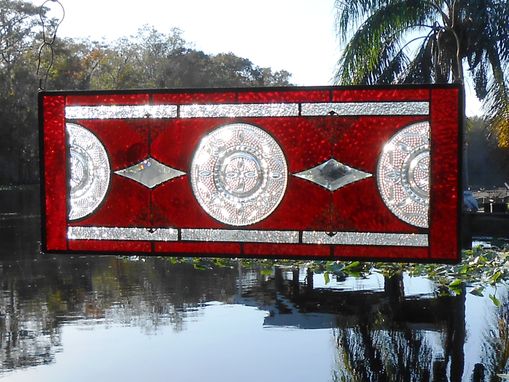 Custom Made Depression Glass Plate Valance, Antique Stained Glass Transom Window, Federal Glass Heritage Pattern