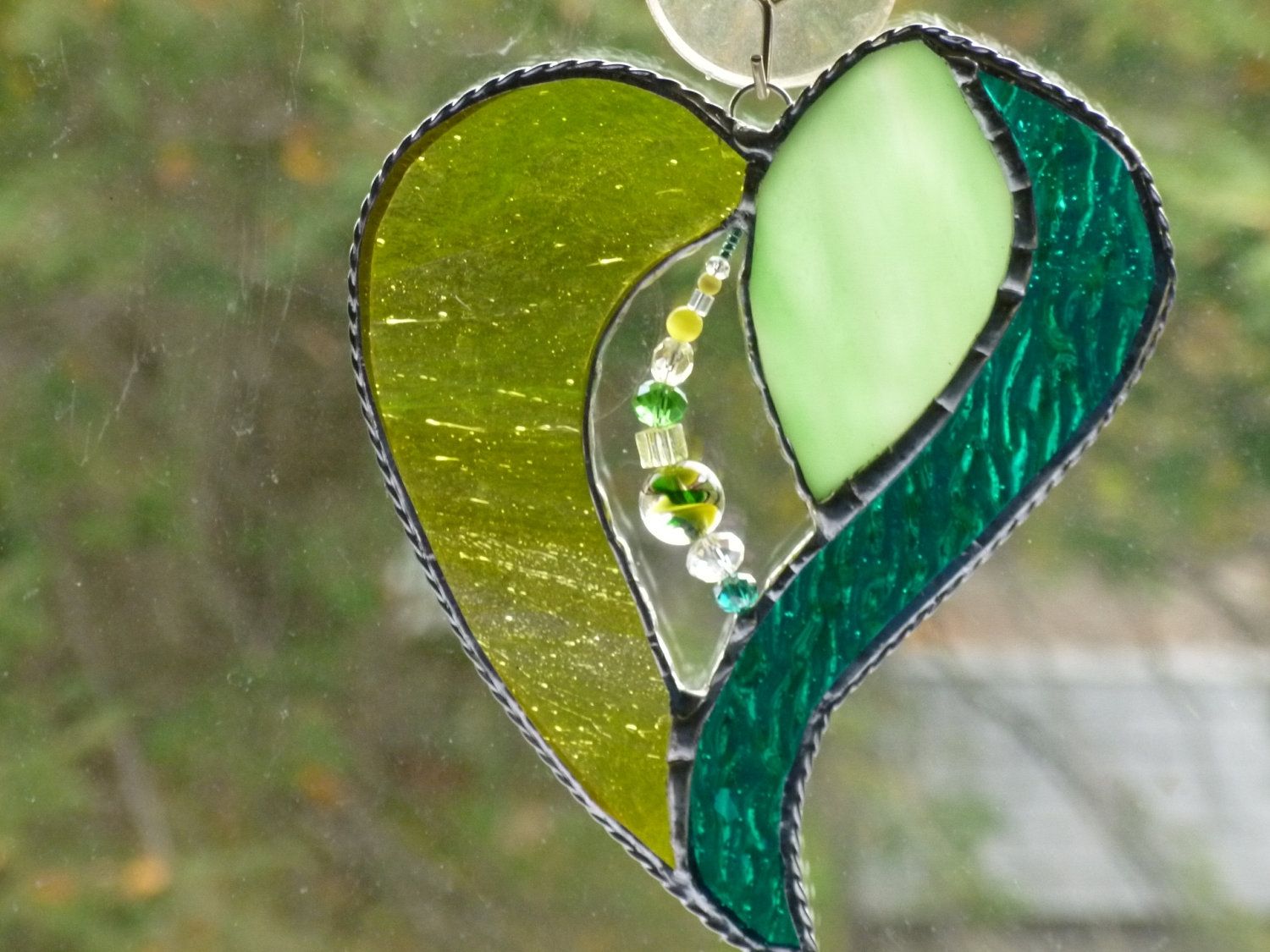 Handmade LimeGreen Colored Beaded Stained Glass Heart by Glass Monkey