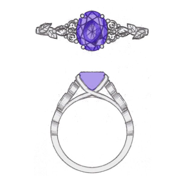 An oval cut purple sapphire sits in the center of diamonds on this white gold engagement ring.