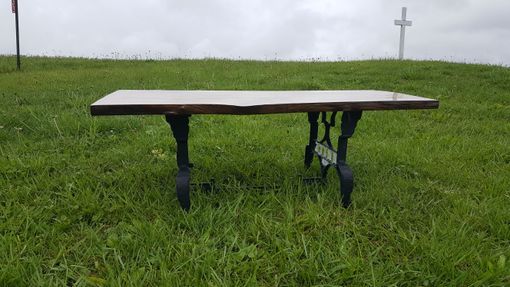 Custom Made Hickory Live Edge Repurposed White Sewing Machine Base Coffee Table