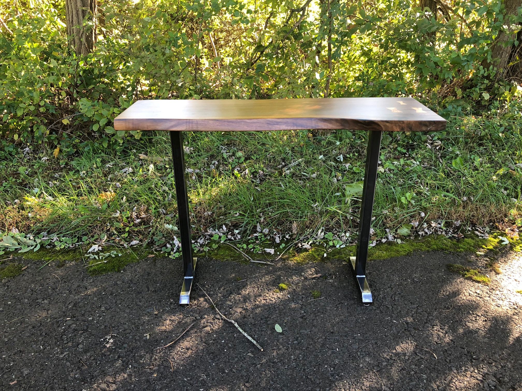 Hand Crafted Live Edge Console Table With Pedestal Legs by Don