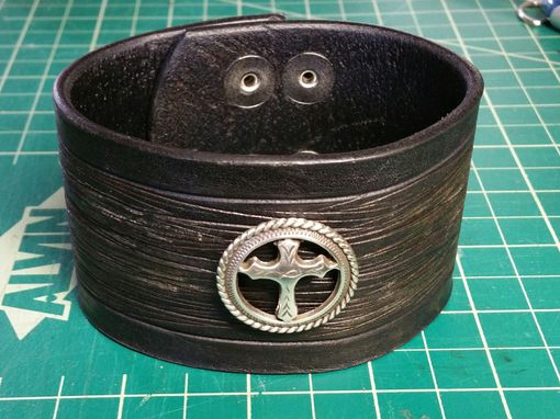 Custom Made 2in Wide Black Distressed Leather Cuff Christian Cross