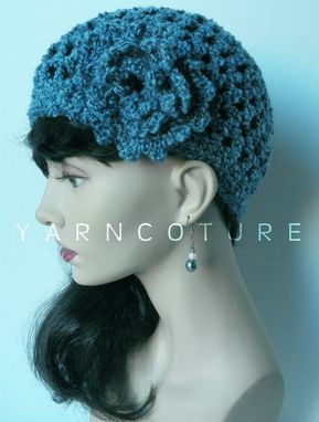 Custom Made The Lace Cloche/Beanie/Crochet Hat W/ Crochet Flower, Denim Blue,Spring,Summer,Fall,Winter Fashion