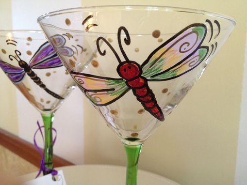 Custom Made Hand Painted Dragonfly Martini Glasses Glassware