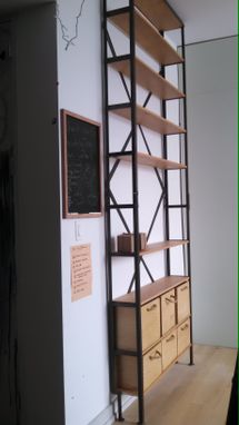 Custom Made Industrial Steel Bookcase With Birch Bins