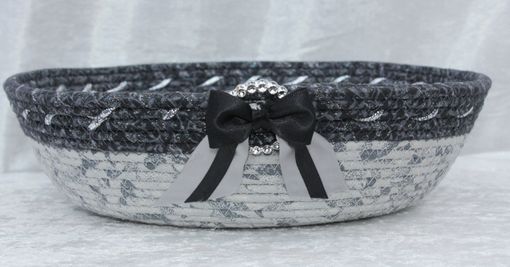 Custom Made Fabric Wrapped Clothesline - Small Round Bowl. Black, Gray, Silver, Glitter/Shimmer Accent