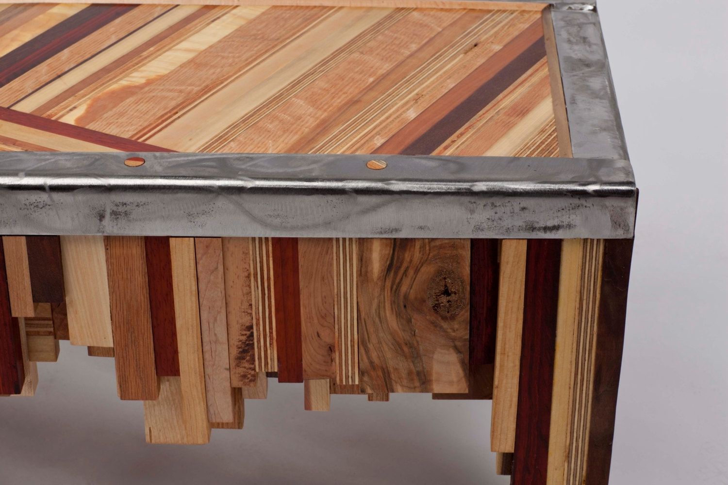 Hand Made Mixed Wood Table With Salvaged Steel Edging by Fast