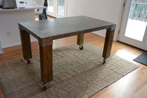Custom Made Douglas Metal And Wood Table With Wheels