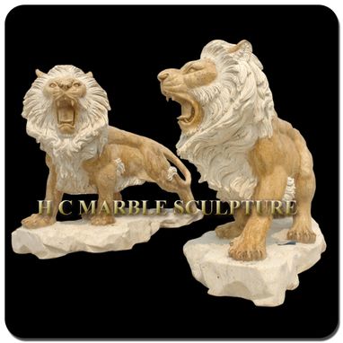 Custom Made Pair Marble Lions On Base