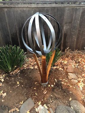 Custom Made Wine Barrel Sphere And Stand Yard Sculpture-Medium