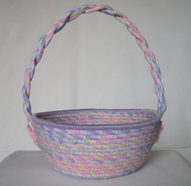 Custom Made Cloth Basket W/Handle - Coiled - Wrapped Clothesline - Small Round -Pink/Purple/Blue/Yellow Pastels