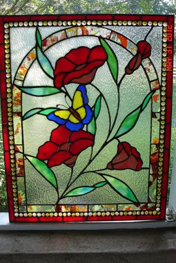 Custom Made Fire Red & Peach Flowers With A Gentle Butterfly Stained Glass Panel