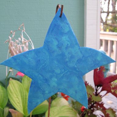 Custom Made Handmade Upcycled Turquoise And Blue Metal Star Garden Stakes In Set Of Two