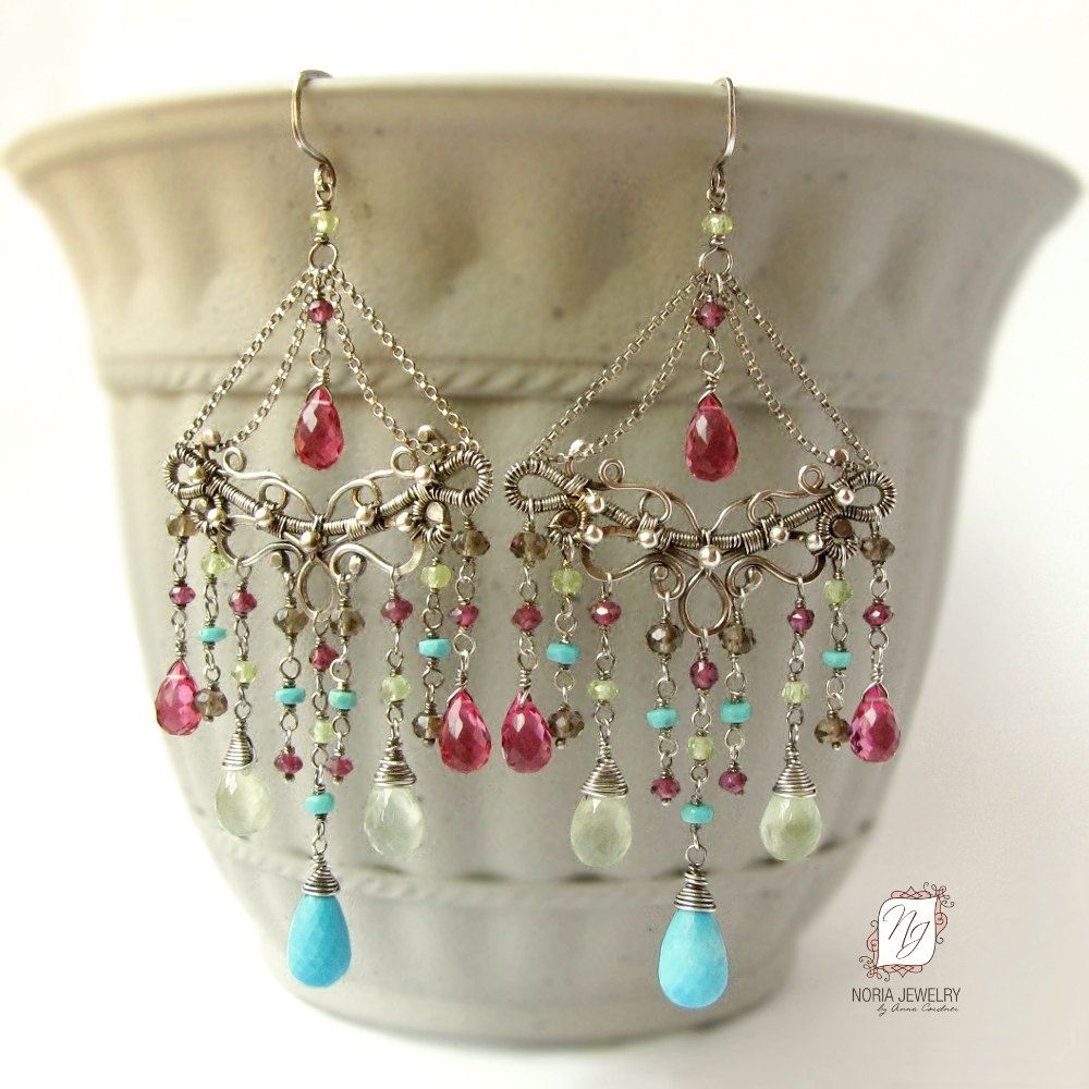 Handmade Large Chandelier Earrings, Sterling Silver And Gemstones by
