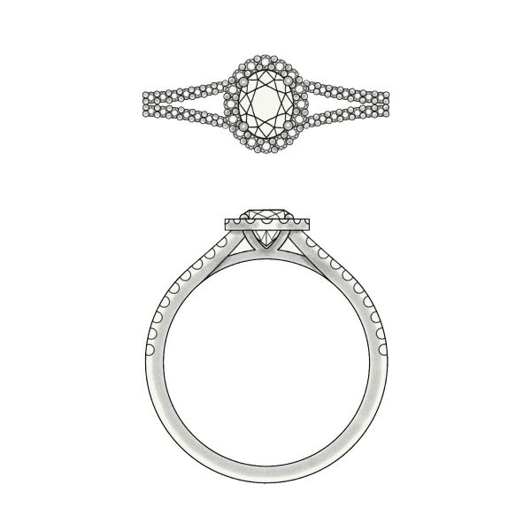 This engagement ring features an oval diamond center stone surrounded by a diamond halo on a pavé diamond split-shank band.