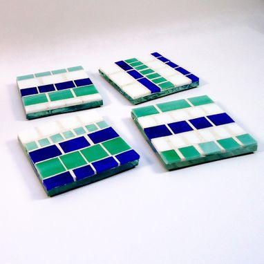Custom Made Set Of 4 Mosaic Glass Coaster Set In Blue, Teal, & White