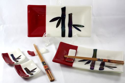 Custom Made 8-Piece Fused Glass Sushi Set With Bamboo Design