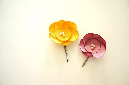 Custom Made Hair Pin With Dark Rose Satin Flower With Pearls