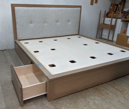 Custom Made White Oak Storage Platform Bed With Padded Headboard