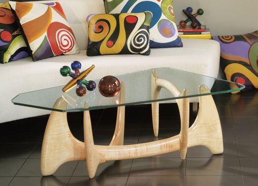Custom Made Glass Top Coffee Table, Mid Century Modern, Hand Carved, Noguchi Style, Living Room