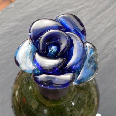 Custom Made Wine Bottle Stopper Glass Rose Blue Flower Stainless Steel Untamed Rose