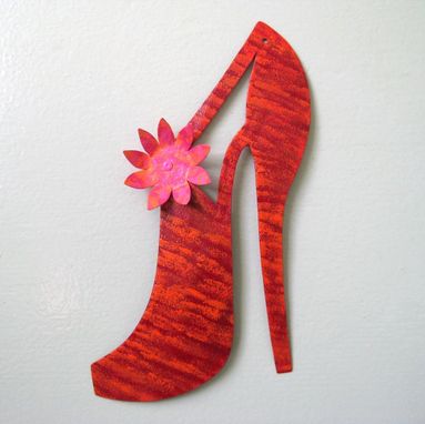 Custom Made Handmade Upcycled Metal Red Shoe Garden Stake