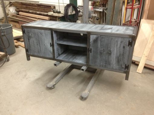 Custom Made Industrial Console Table With Blue Washed Pine