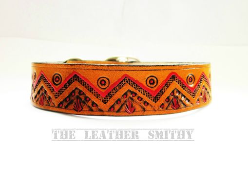 Custom Made Southwestern Leather Dog Collar 1 Inch Wide, Hand Tooled And Painted