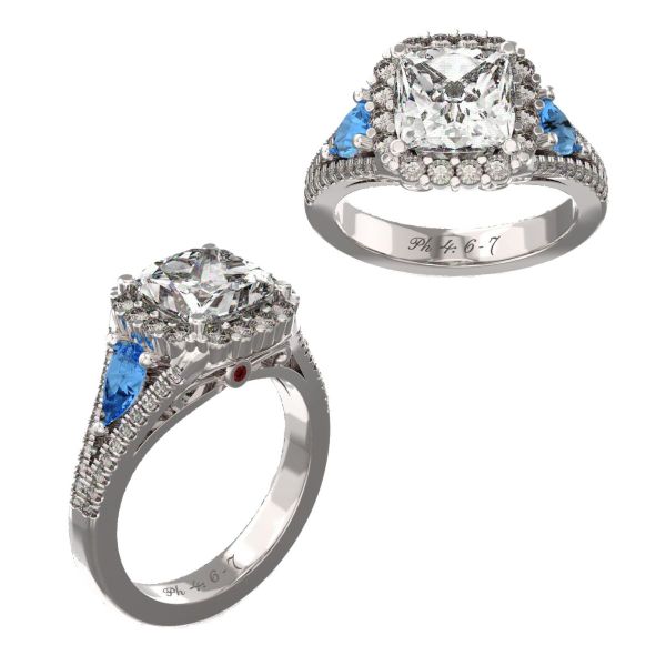 Aquamarine and garnet accents add color to this cushion cut diamond halo engagement ring.