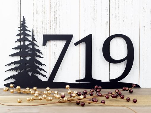 Custom Made Metal House Number Sign, Pine Trees, 3 Digit - Matte Black Shown