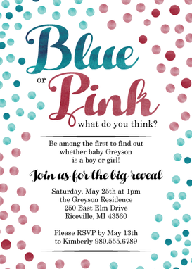 Custom Made Gender Reveal Party Invitation- Blue And Pink Confetti