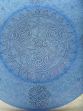 Custom Made Celtic Knotwork Crossed With Steampunk - Blue Etched Glass Art Plate