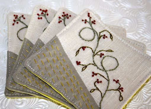 Custom Made Winterberry Hand Embroidered Coasters