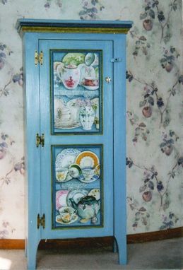 Custom Made Cabinet Painted With Trompe L'Oeil Shelves Filled With China Pieces