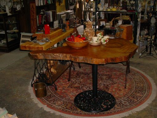 Custom Made Live Edged Cypress Slab Top Table Antique Cast Iron Base