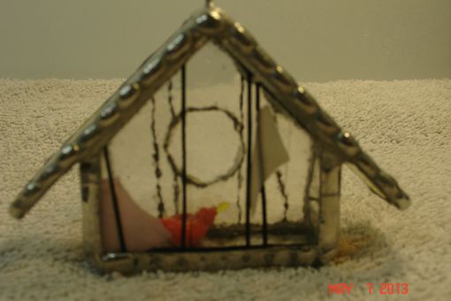 Custom Made Empty Nest Bird House Ornament In Orange Yellow Streamer Glass