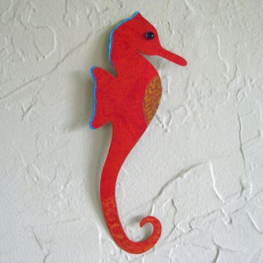 Custom Made Metal Seahorse Wall Art Sculpture In Red Orange